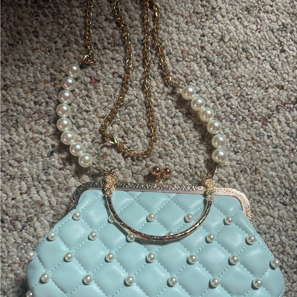 Elegant Pearl-Embellished Blue Handbag